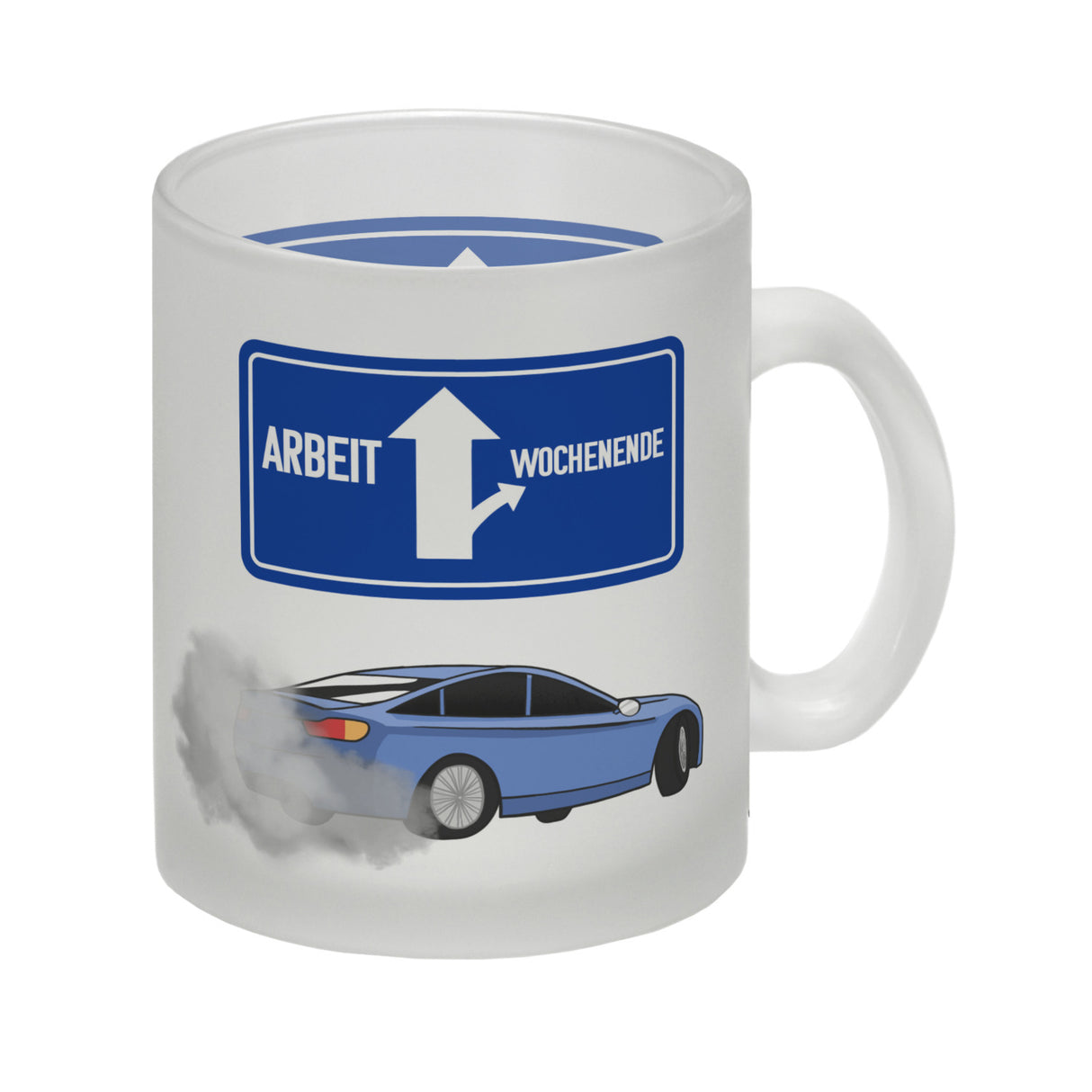 Arbeit oder Wochenende witziger Kaffeebecher mit driftendem Auto