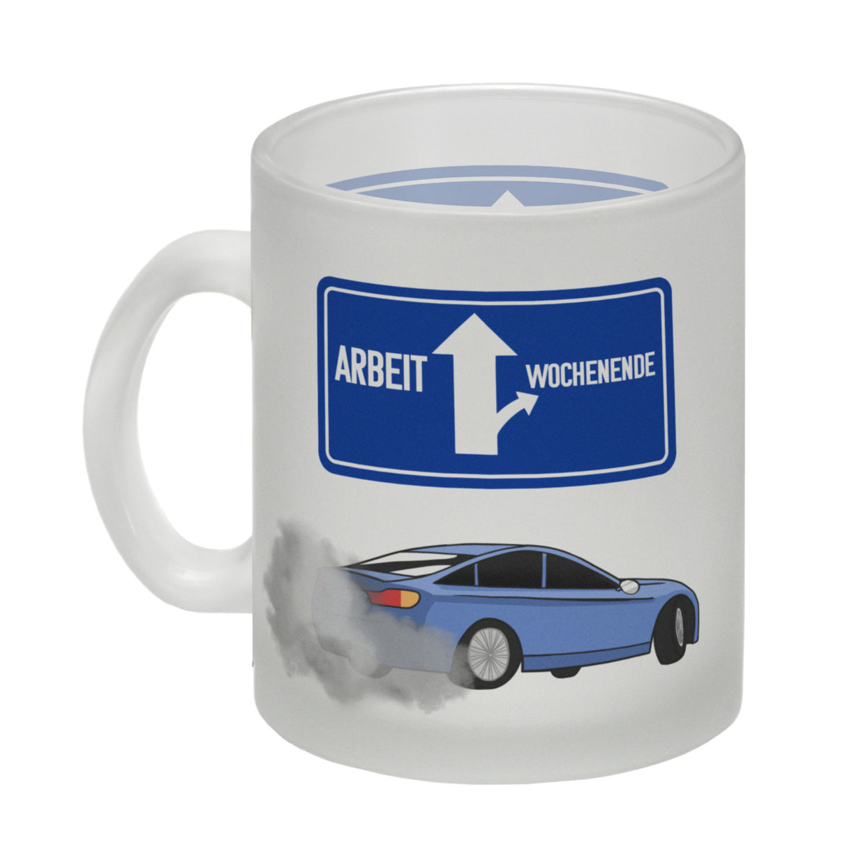 Arbeit oder Wochenende witziger Kaffeebecher mit driftendem Auto
