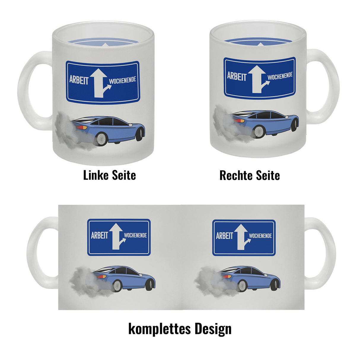 Arbeit oder Wochenende witziger Kaffeebecher mit driftendem Auto