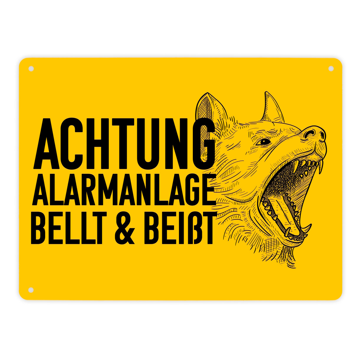 Achtung Alarmanlage bellt und beißt Metallschild mit Hunde Motiv