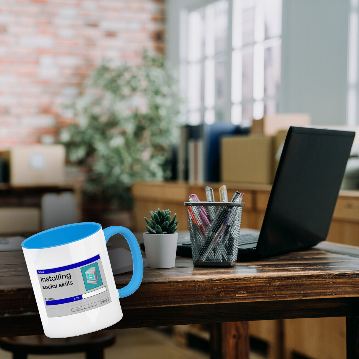 Installing social skills Kaffeebecher mit Computer Motiv