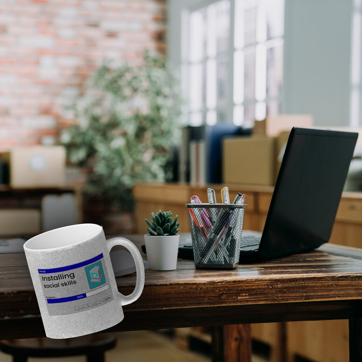 Installing social skills Kaffeebecher mit Computer Motiv