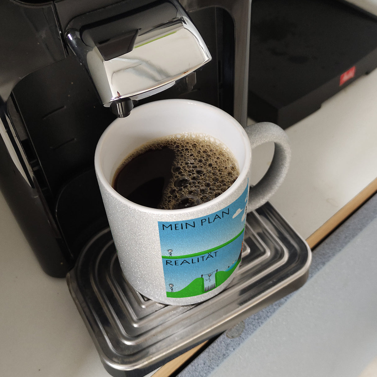 Mein Plan vs. die Realität Strichmännchen Kaffeebecher