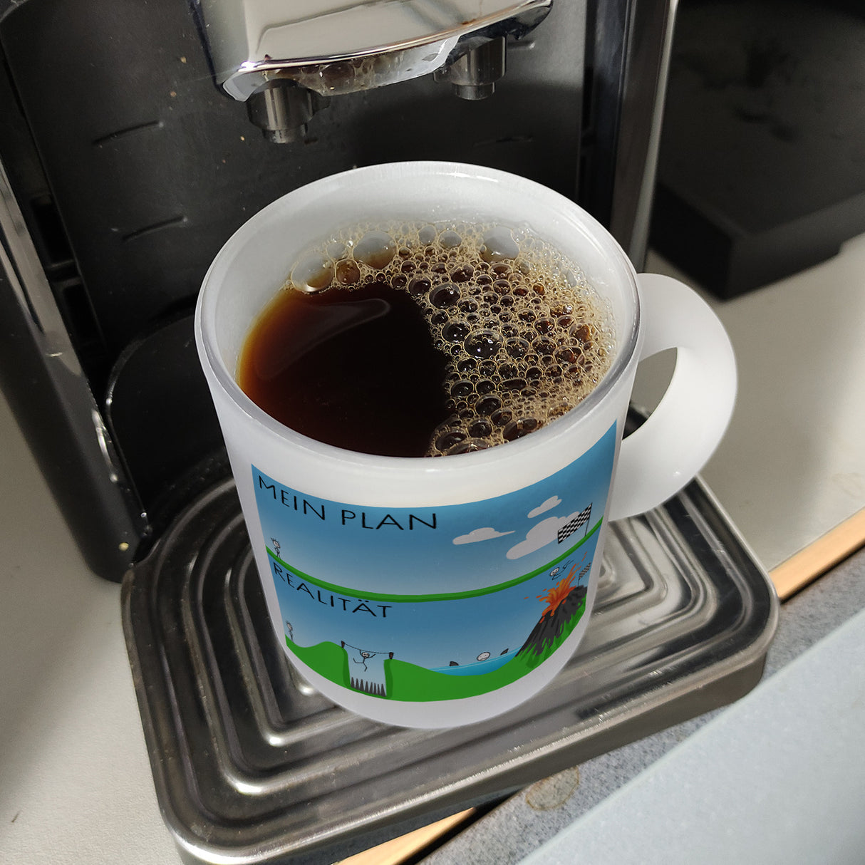 Mein Plan vs. die Realität Strichmännchen Kaffeebecher