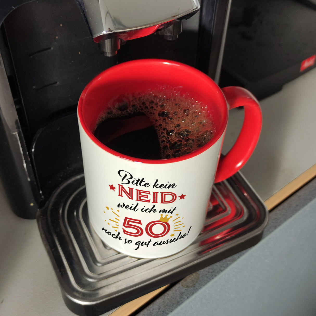 50. Geburtstag Kaffeebecher mit lustigem Spruch: Neid