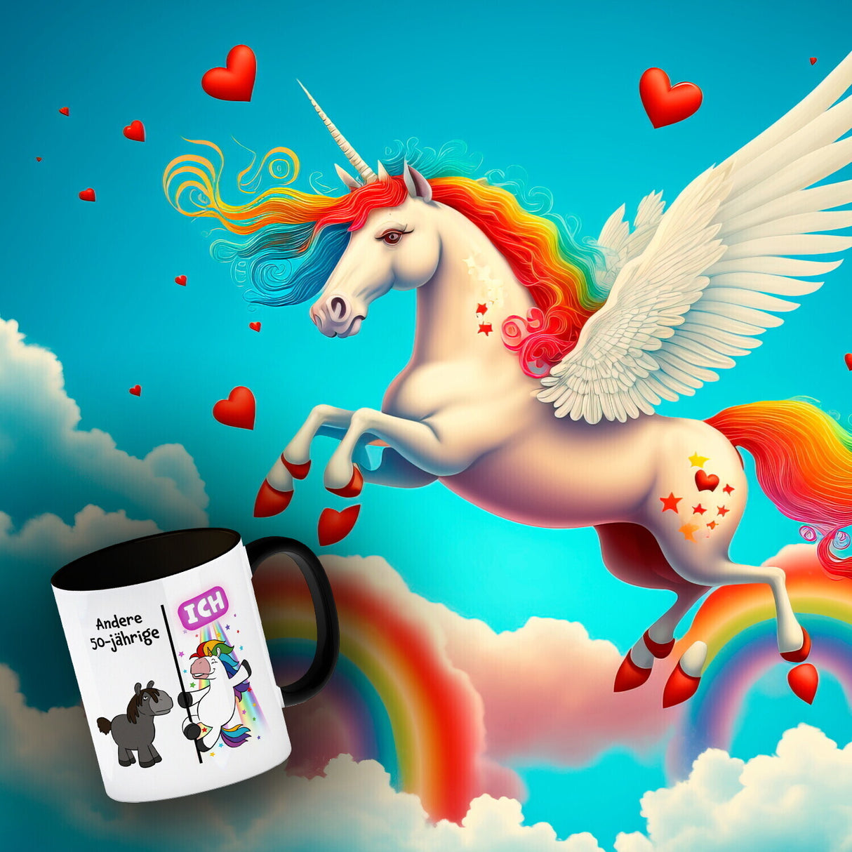 50. Geburtstag Kaffeebecher mit lustigem Spruch: Einhorn