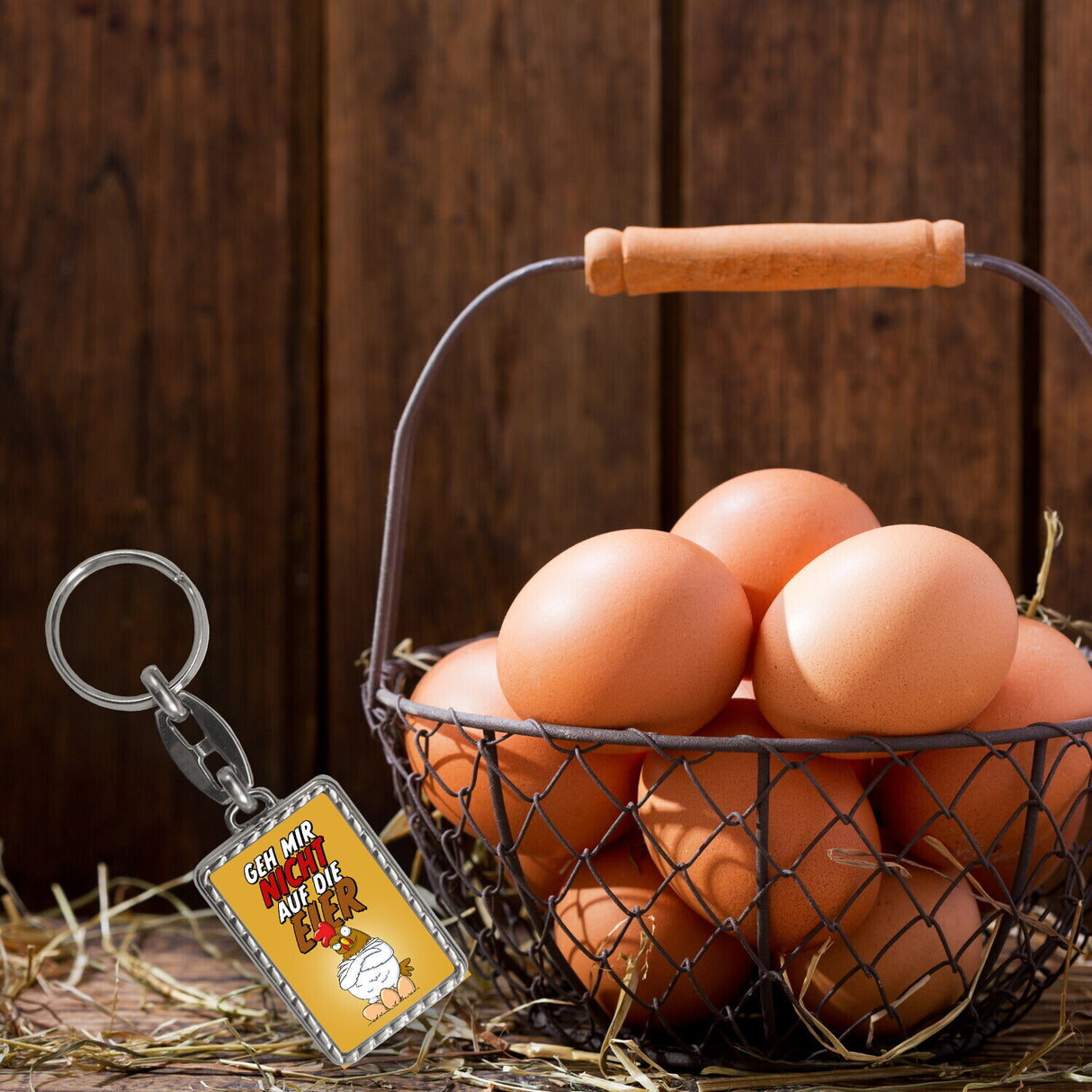 Geh mir nicht auf die Eier Schlüsselanhänger mit genervtem Huhn