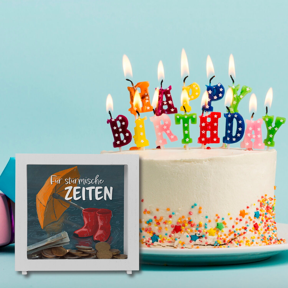 Für stürmische Zeiten Spardose mit Regen Motiv