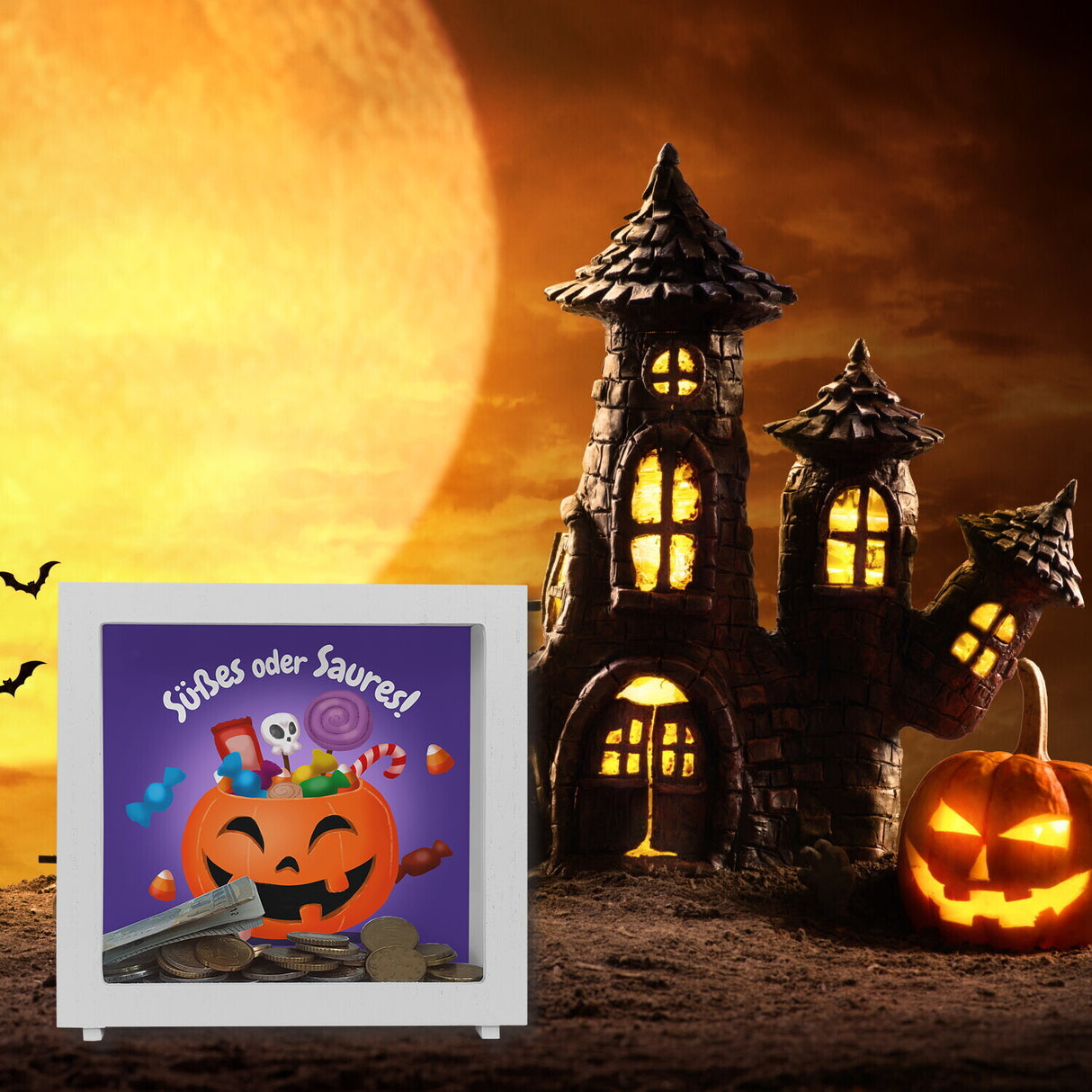 Süßes oder Saures Halloween Spardose mit lustigem Kürbis