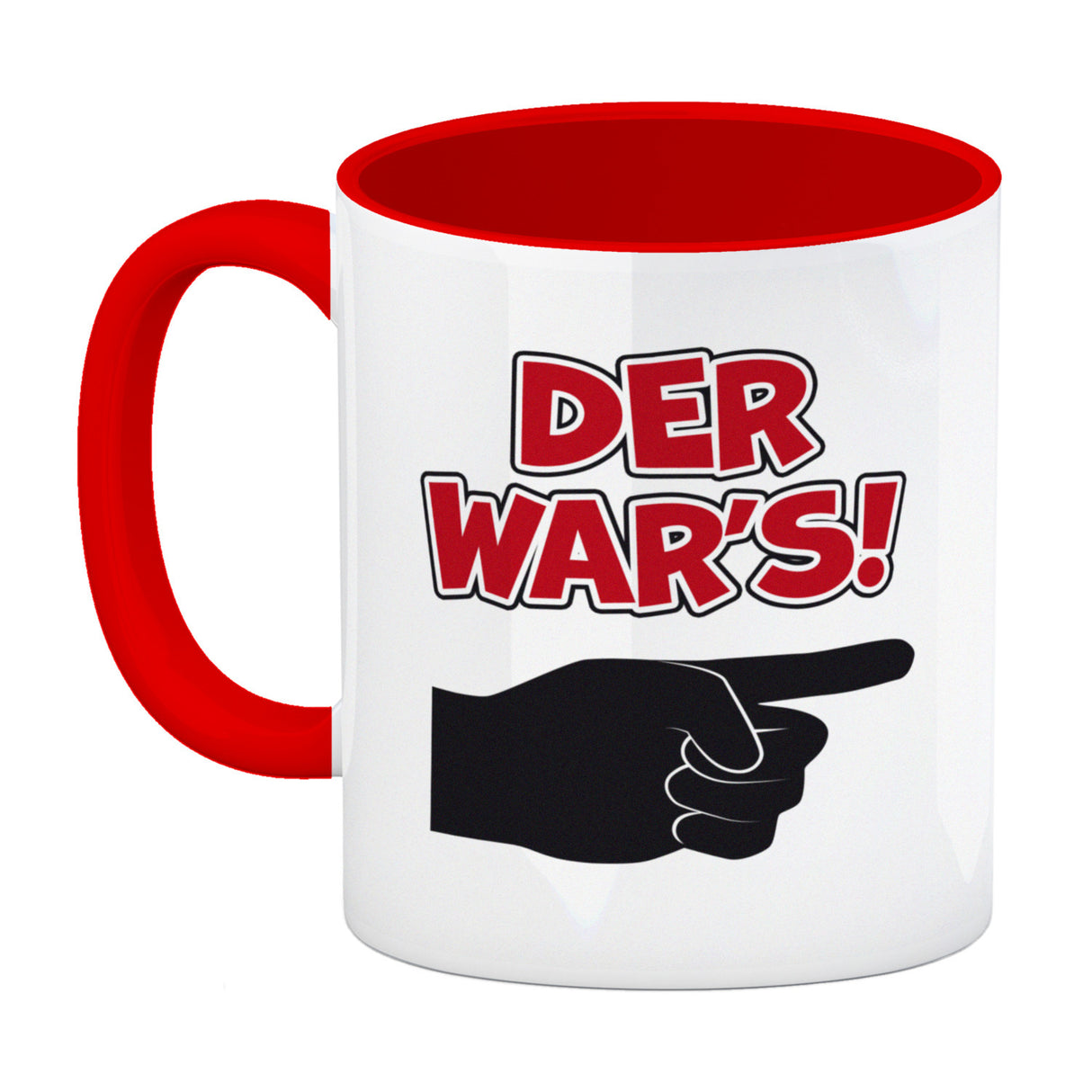 Der war’s Kaffeebecher mit beschuldigender Hand