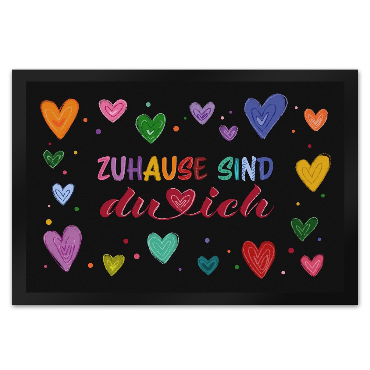 Zuhause sind du und ich Fußmatte mit bunten Herzen