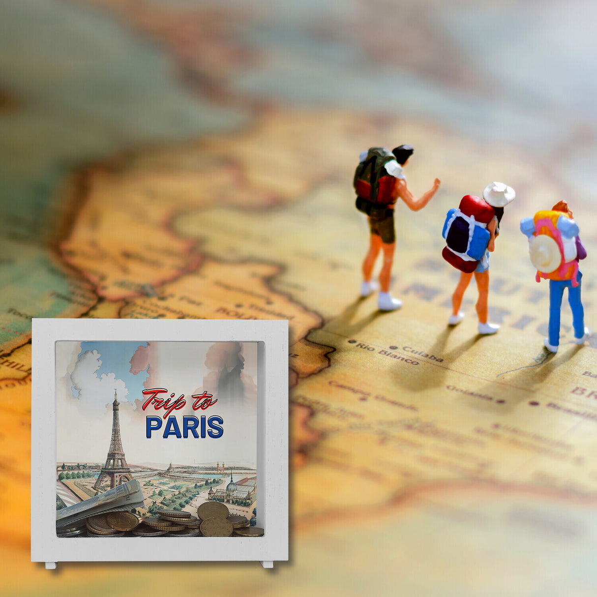 Trip to Paris Spardose mit Eiffelturm im Retro Style