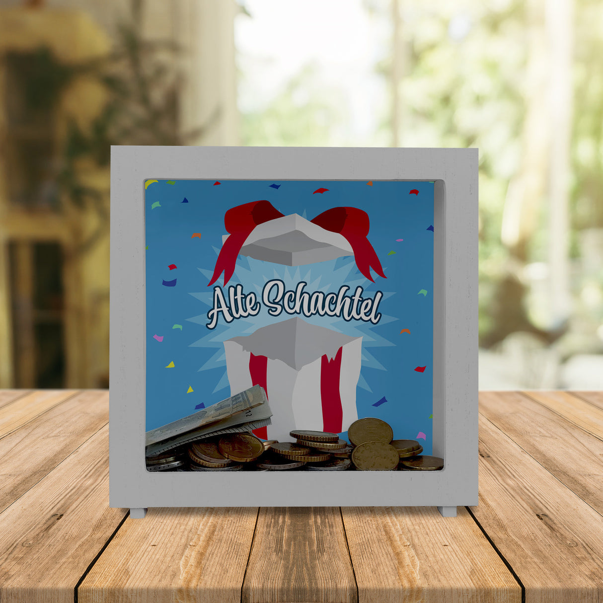 Alte Schachtel Spardose mit Geburtstagsgeschenk-Motiv