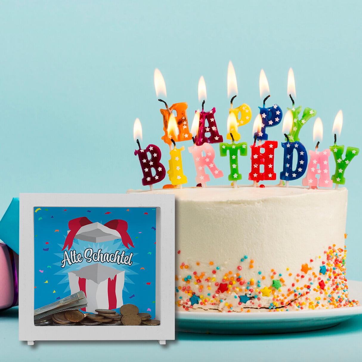 Alte Schachtel Spardose mit Geburtstagsgeschenk-Motiv