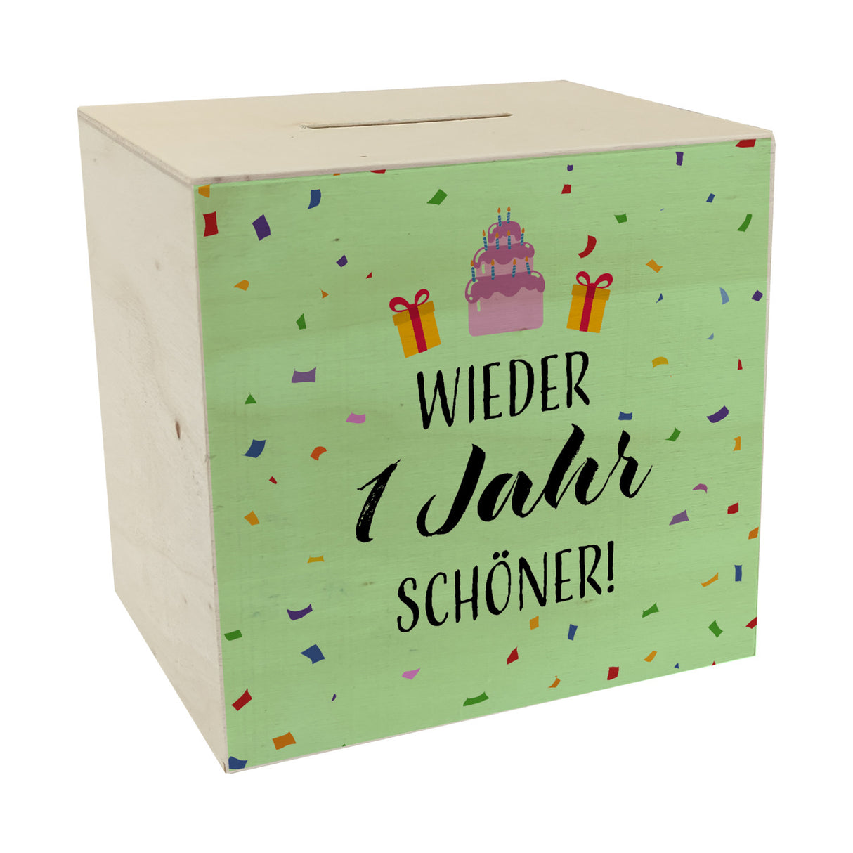 Wieder 1 Jahr schöner! Spardose mit Konfetti und Torte