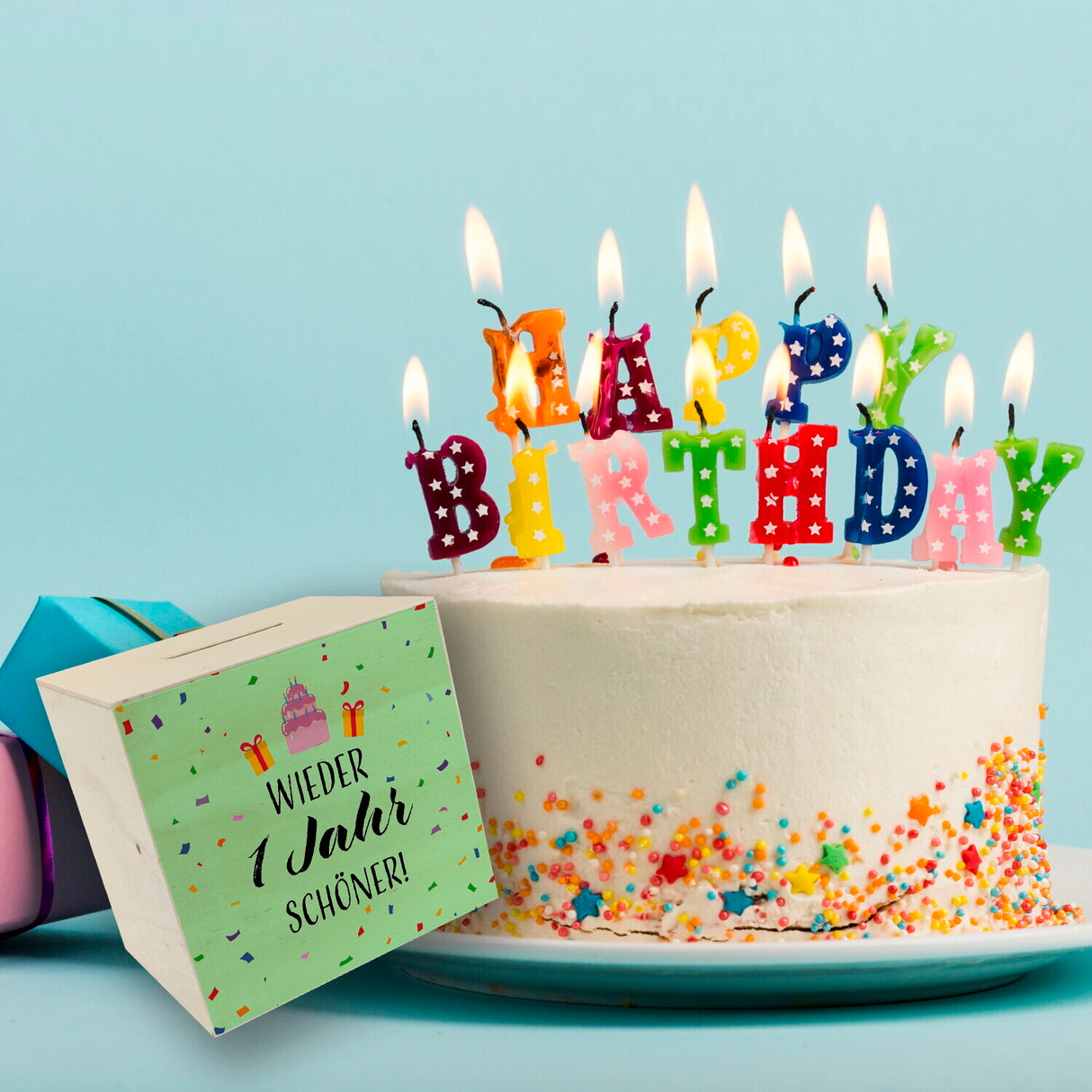 Wieder 1 Jahr schöner! Spardose mit Konfetti und Torte