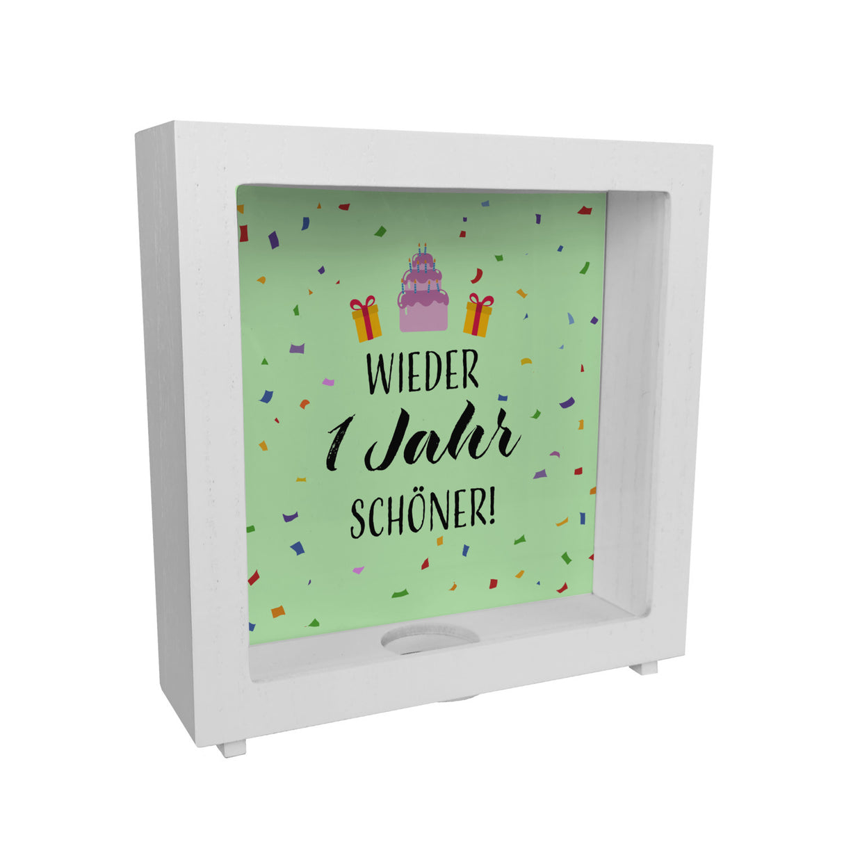 Wieder 1 Jahr schöner! Spardose mit Konfetti und Torte