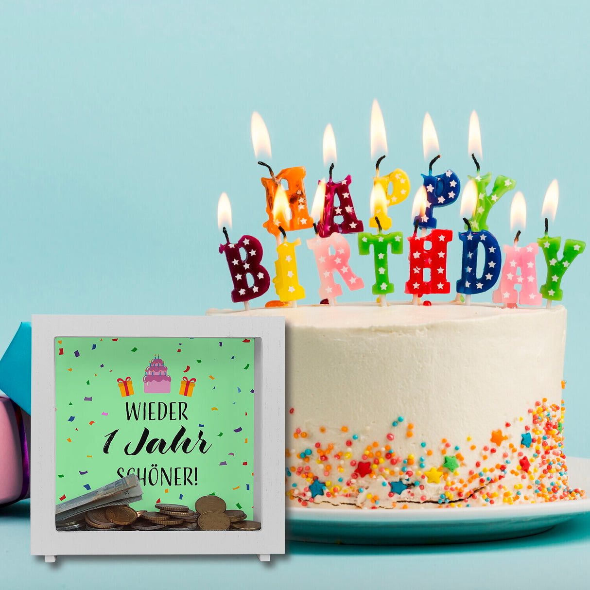 Wieder 1 Jahr schöner! Spardose mit Konfetti und Torte