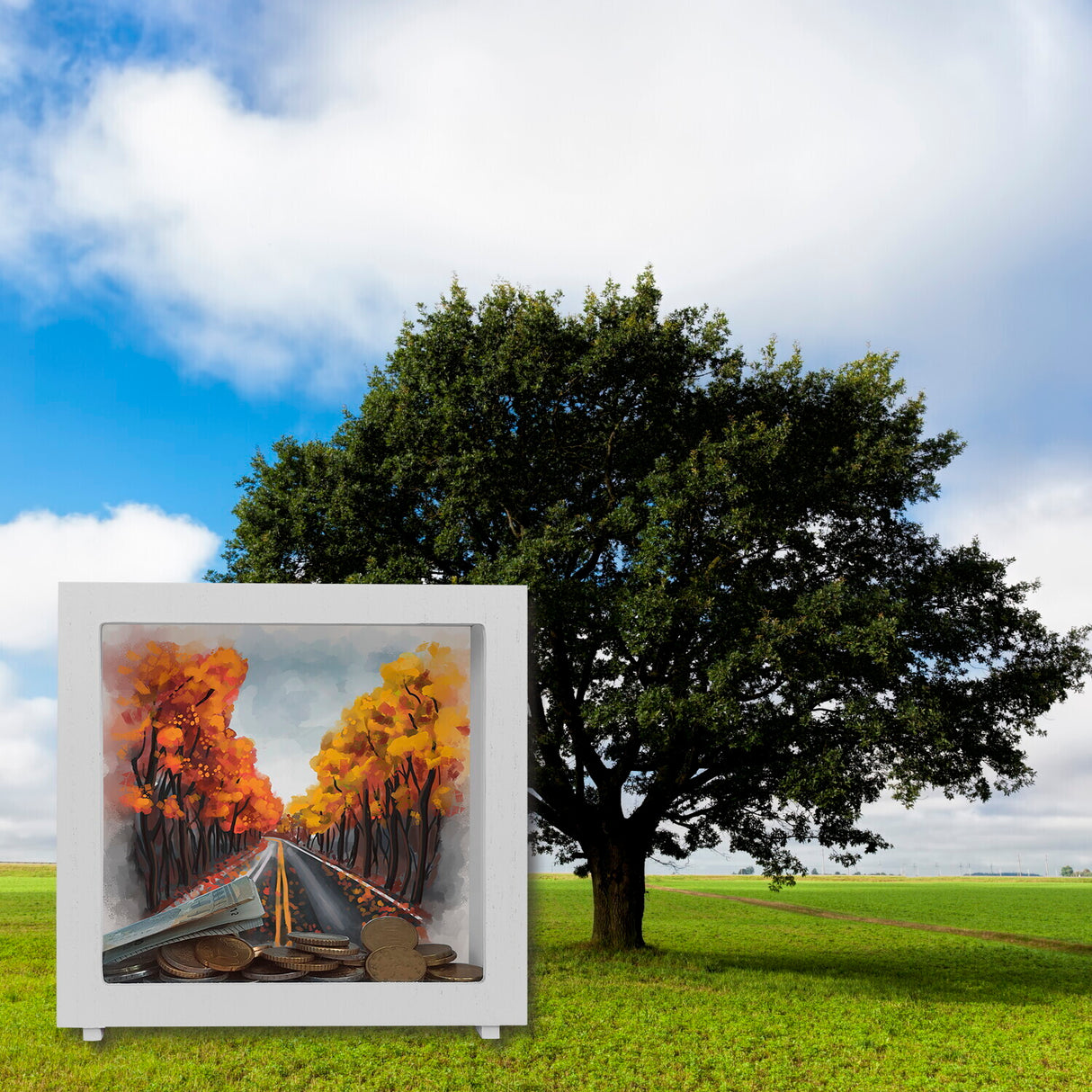 Allee im Herbst Spardose in Wasserfarbenoptik