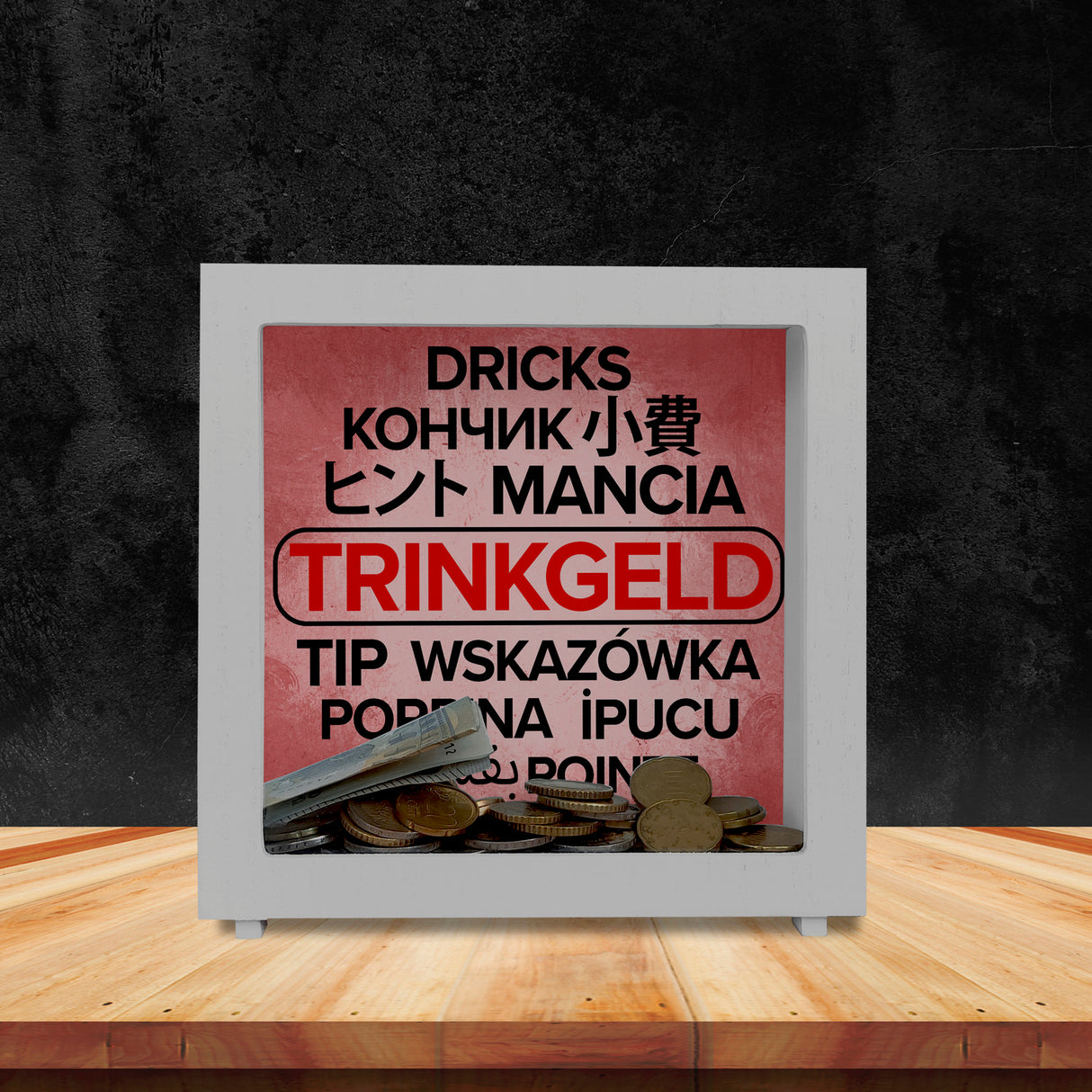 Trinkgeld in verschiedenen Sprachen Spardose