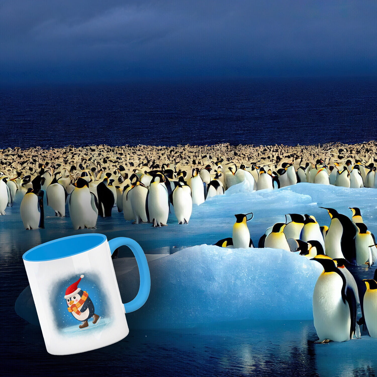 Pinguin mit Weihnachtsmütze und Schlittschuhen Kaffeebecher