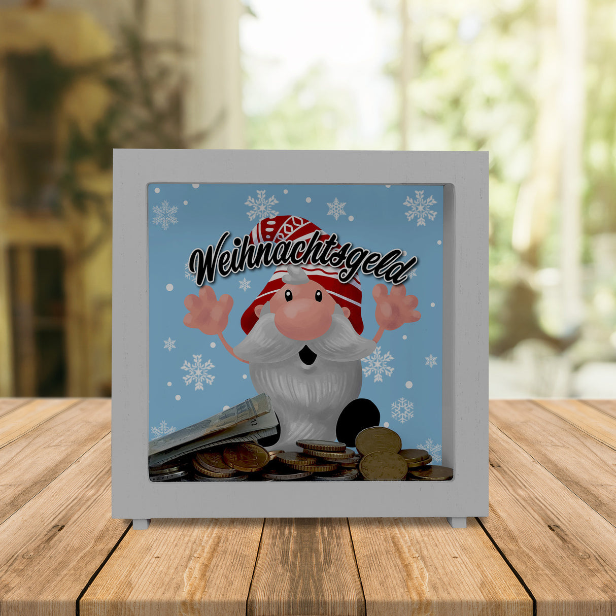 Weihnachtsgeld mit kleinem Wichtel Spardose