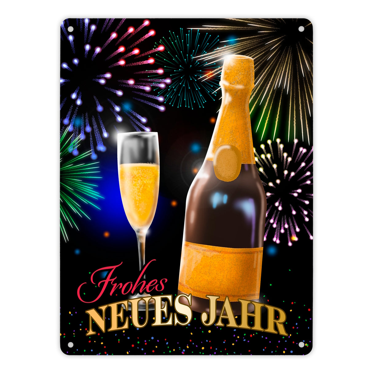 Frohes neues Jahr Metallschild mit Sekt und Feuerwerk