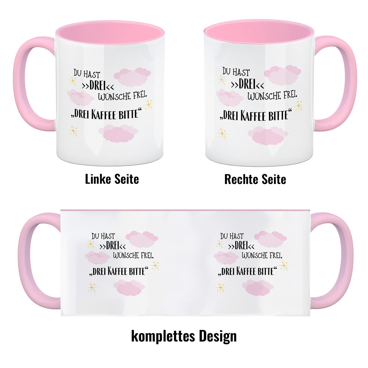 Drei Wünsche Frei Kaffeebecher mit Spruch Drei Kaffee bitte