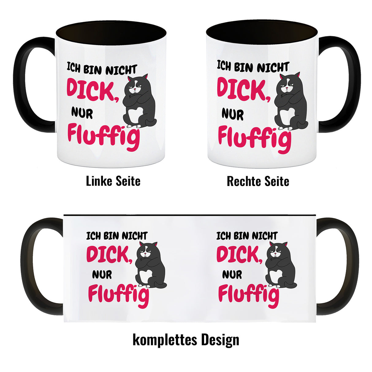 Katzen Kaffeebecher mit Spruch Ich bin nicht dick, nur fluffig