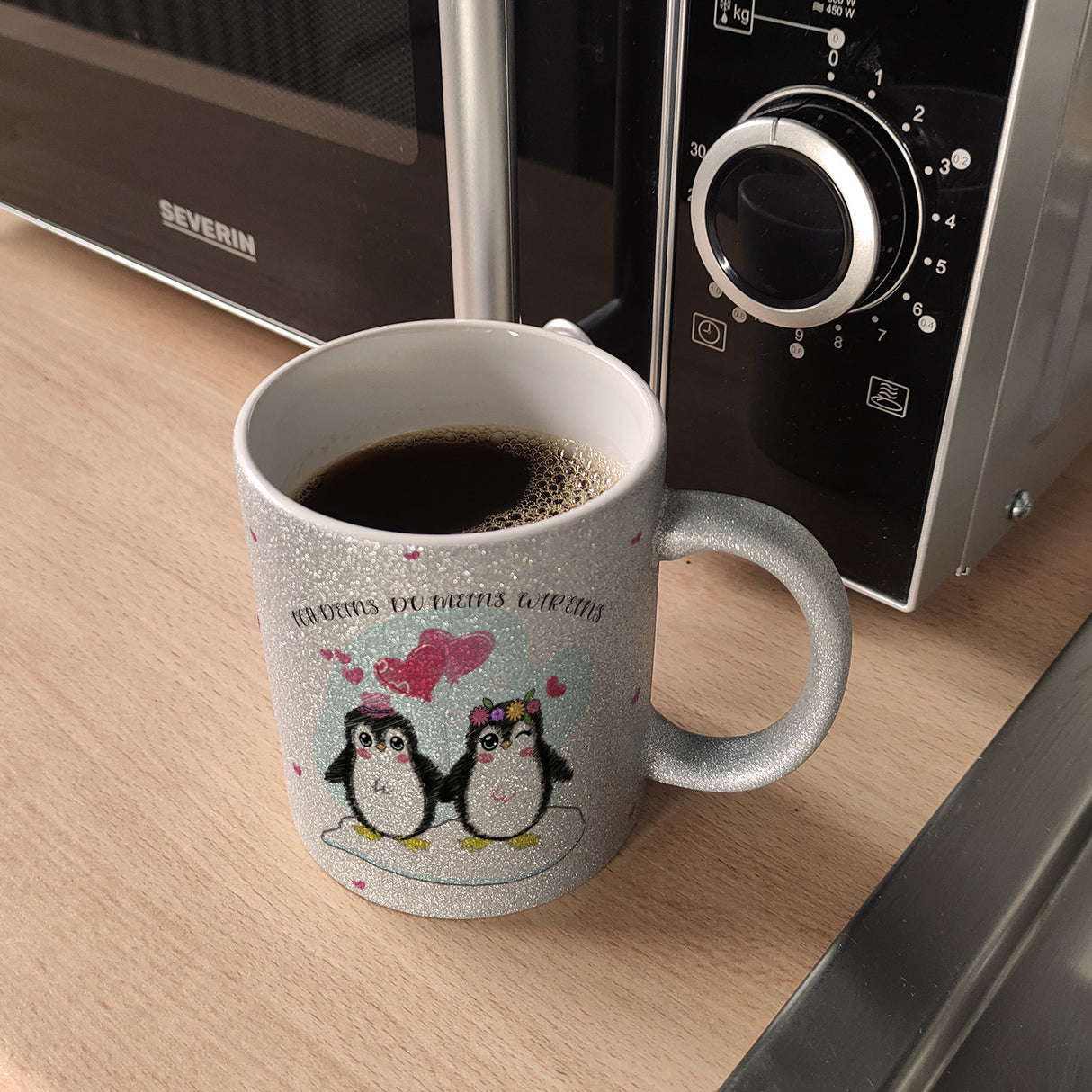 Pinguin Pärchen Kaffeebecher mit Spruch