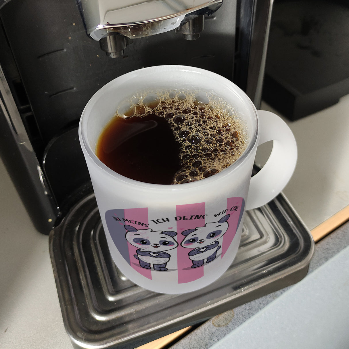 Panda Kaffeebecher mit Spruch Du meins ich deins wir eins