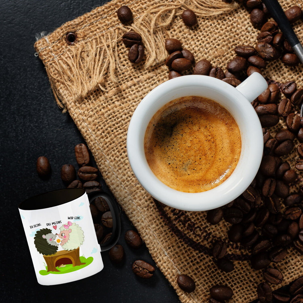 Igel Pärchen Kaffeebecher mit Spruch Ich deins du meins wir eins