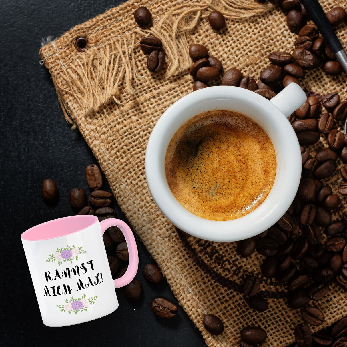 Kannst mich mal! Kaffeebecher mit Spruch und Blumen