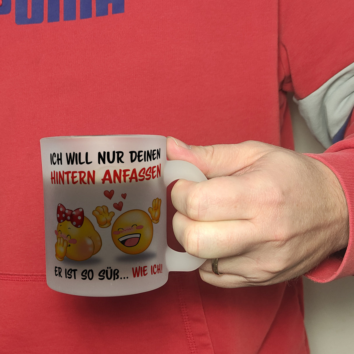 Hintern anfassen Kaffeebecher mit Emoticons und Spruch