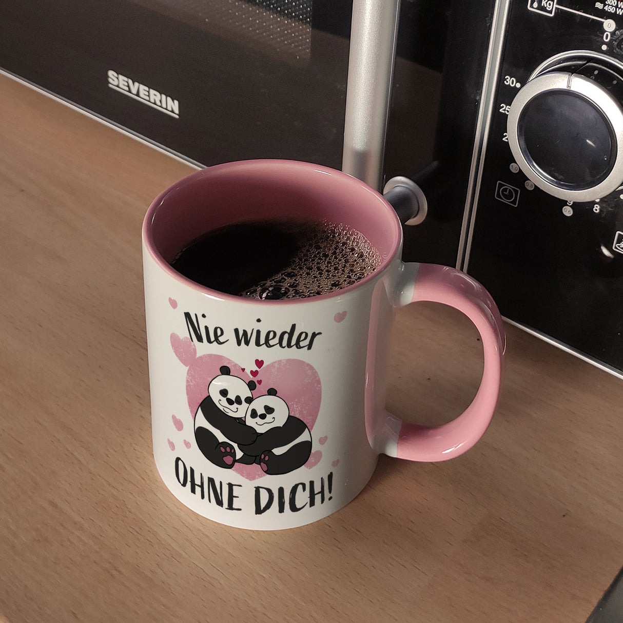 Panda Pärchen Kaffeebecher mit Spruch Nie wieder ohne dich