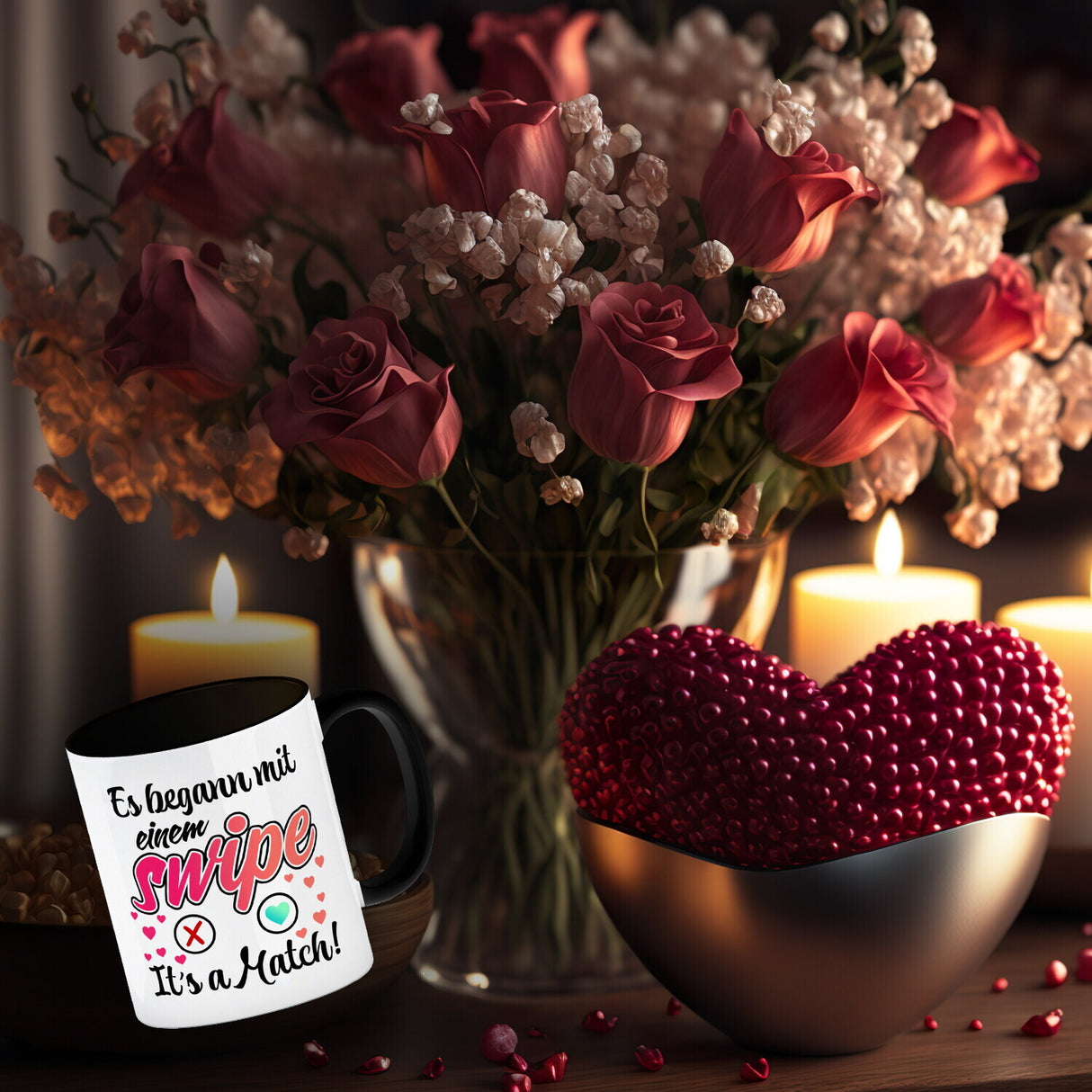 Es begann mit einem swipe Kaffeebecher mit Spruch It's a Match