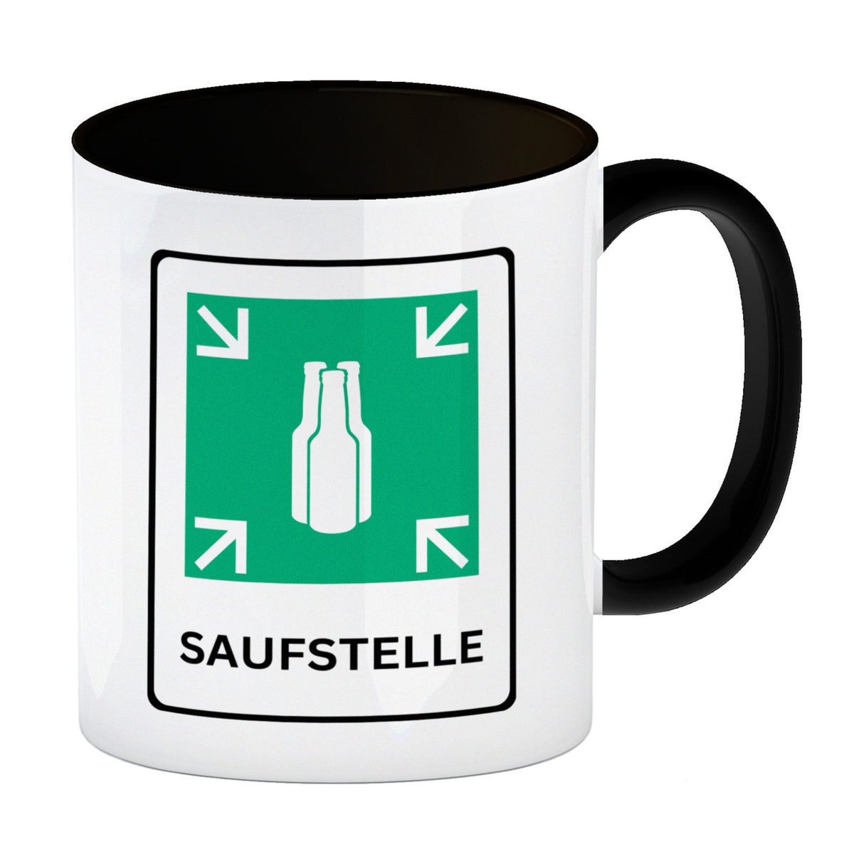 Saufstelle Kaffeebecher mit Bier Motiv und Spruch