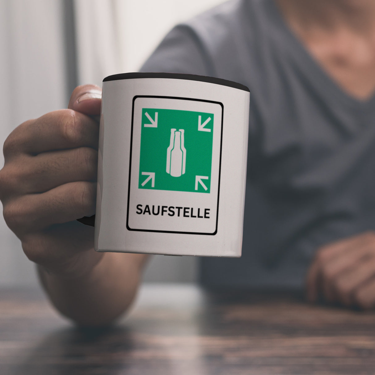 Saufstelle Kaffeebecher mit Bier Motiv und Spruch