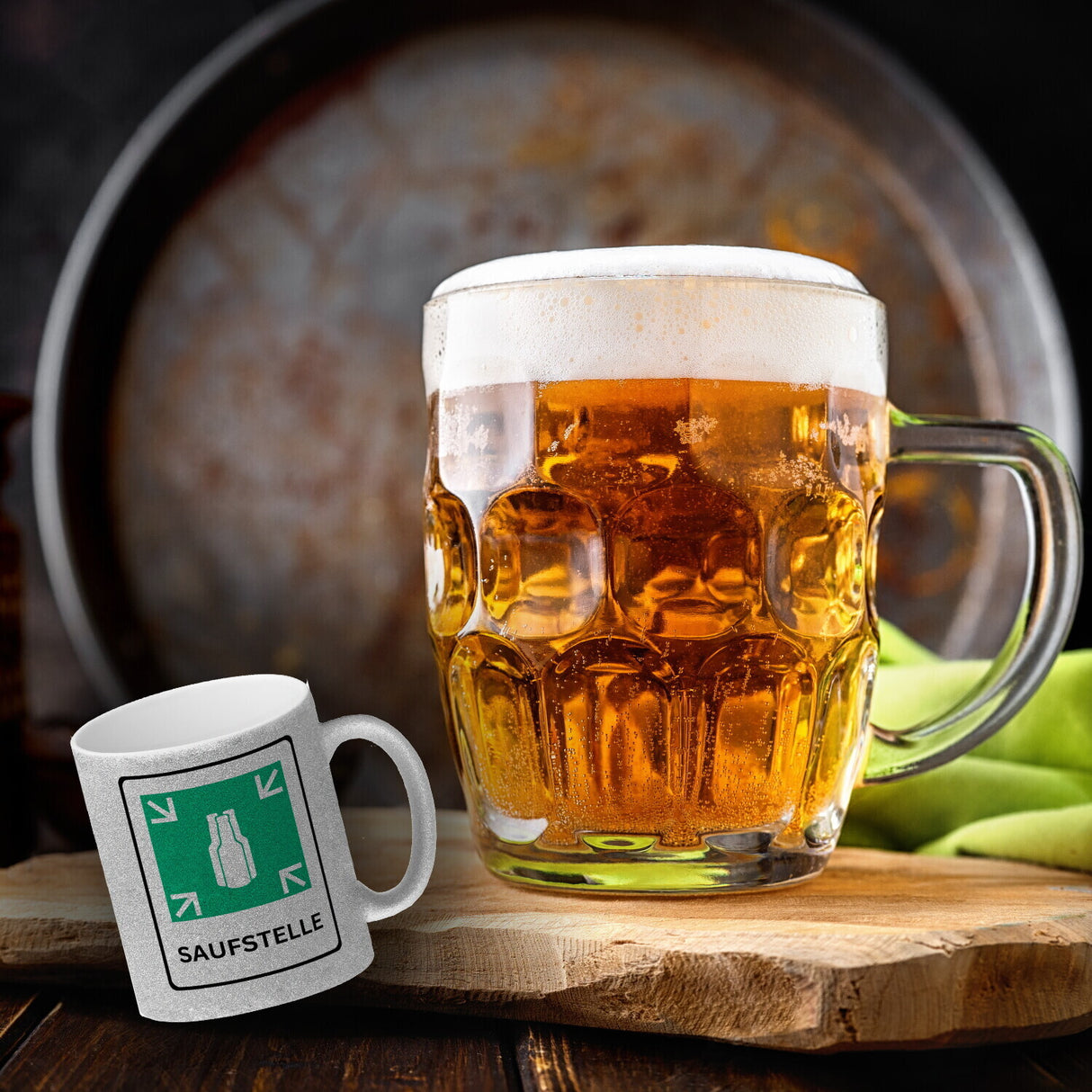 Saufstelle Kaffeebecher mit Bier Motiv und Spruch