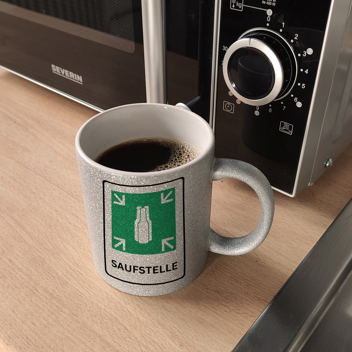 Saufstelle Kaffeebecher mit Bier Motiv und Spruch