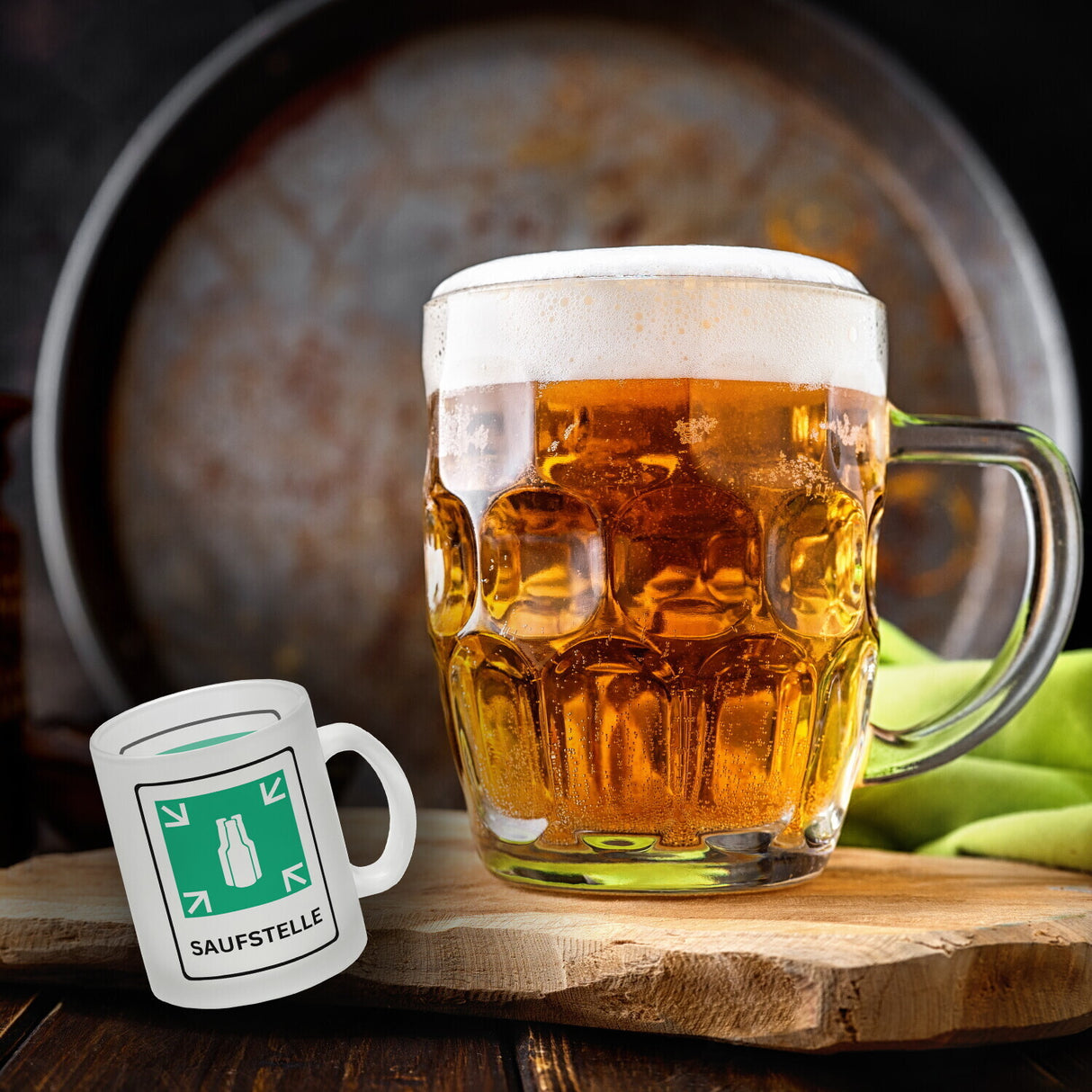 Saufstelle Kaffeebecher mit Bier Motiv und Spruch