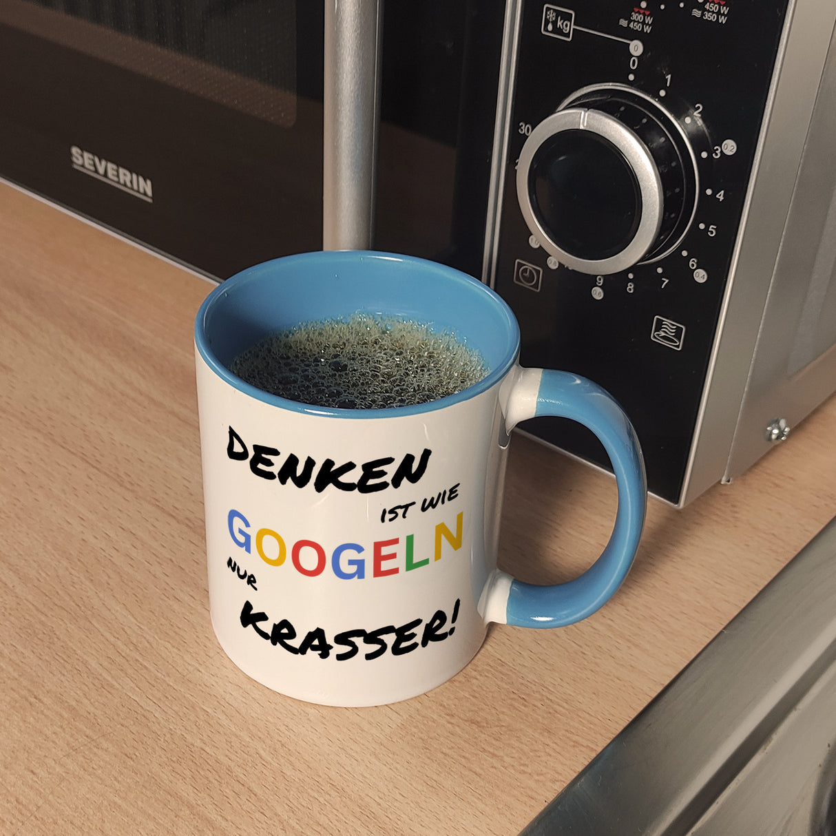 Suchmaschine Kaffeebecher mit Spruch Denken ist wie googeln nur krasser