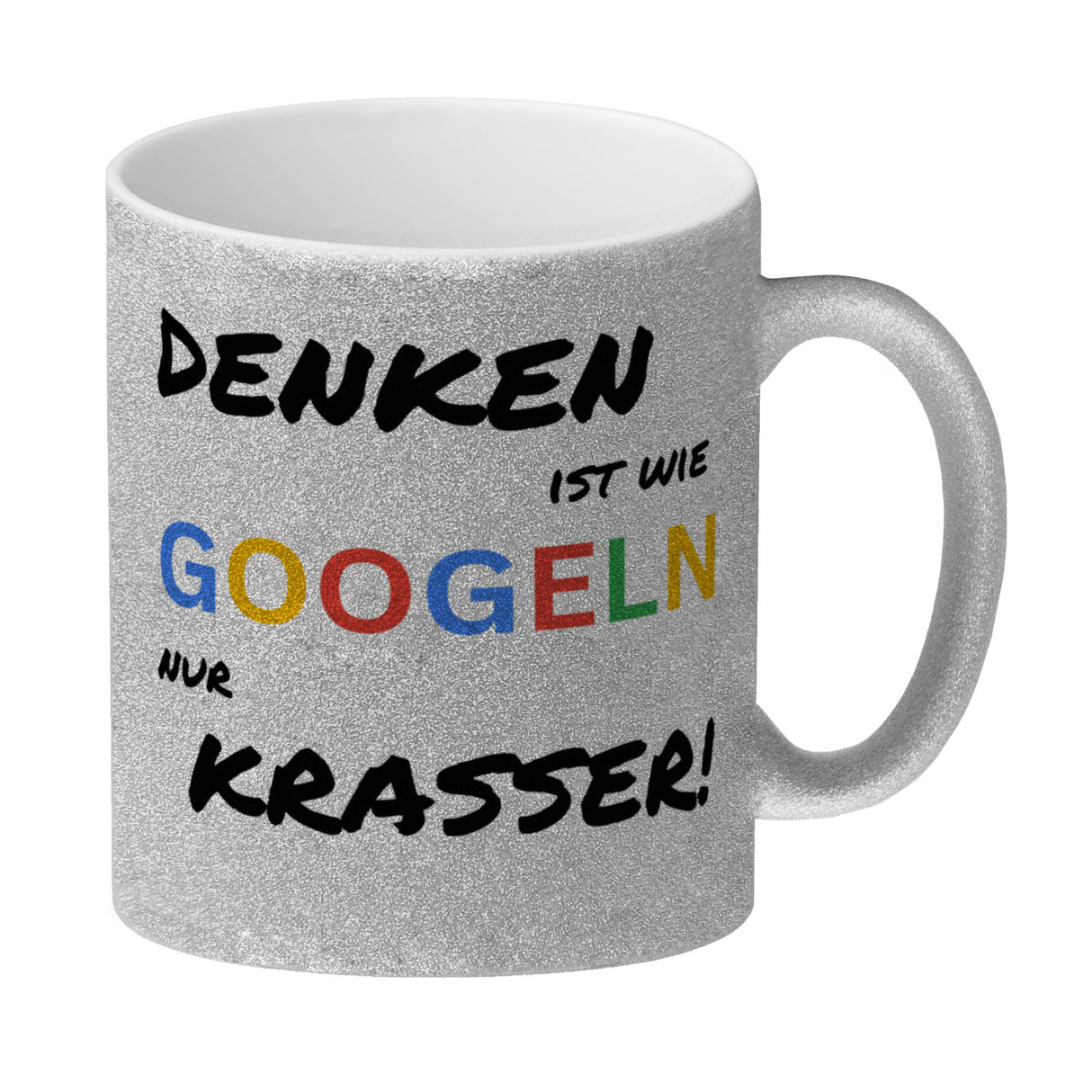 Suchmaschine Kaffeebecher mit Spruch Denken ist wie googeln nur krasser