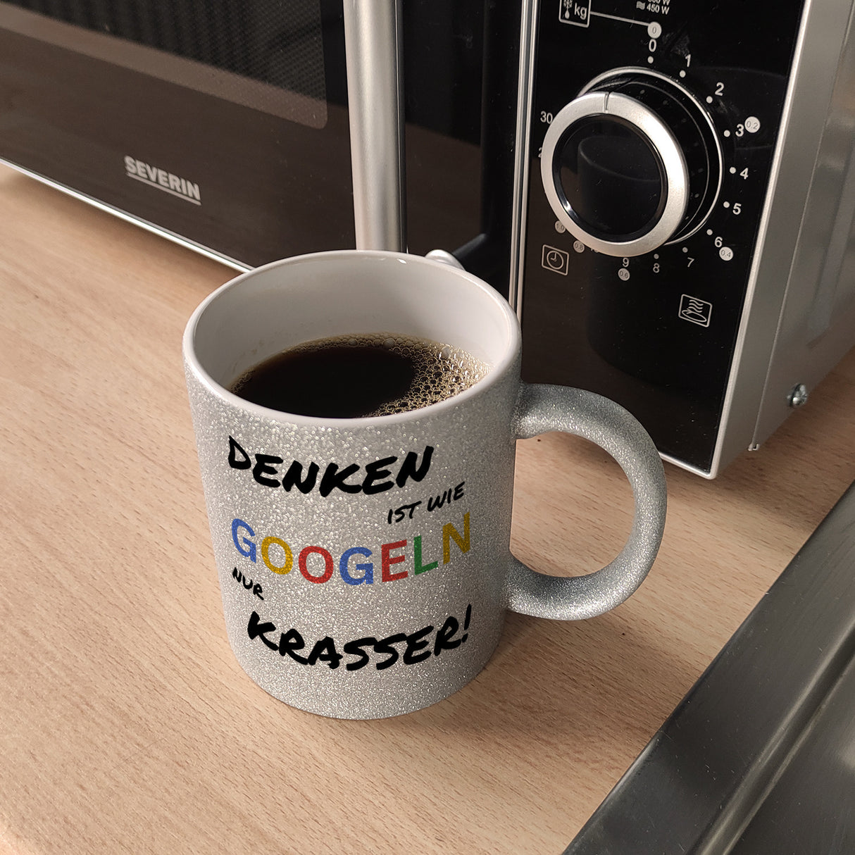 Suchmaschine Kaffeebecher mit Spruch Denken ist wie googeln nur krasser