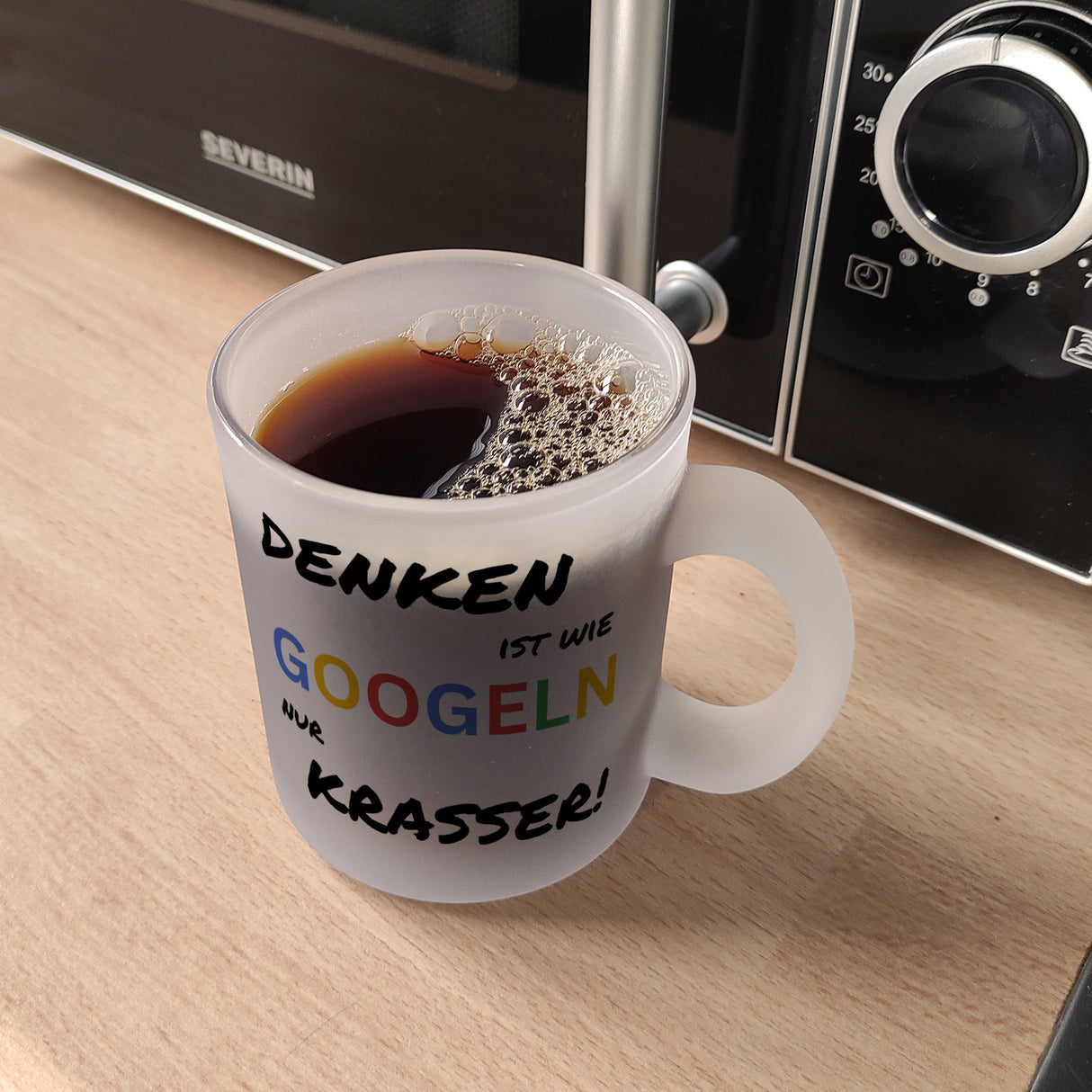 Suchmaschine Kaffeebecher mit Spruch Denken ist wie googeln nur krasser