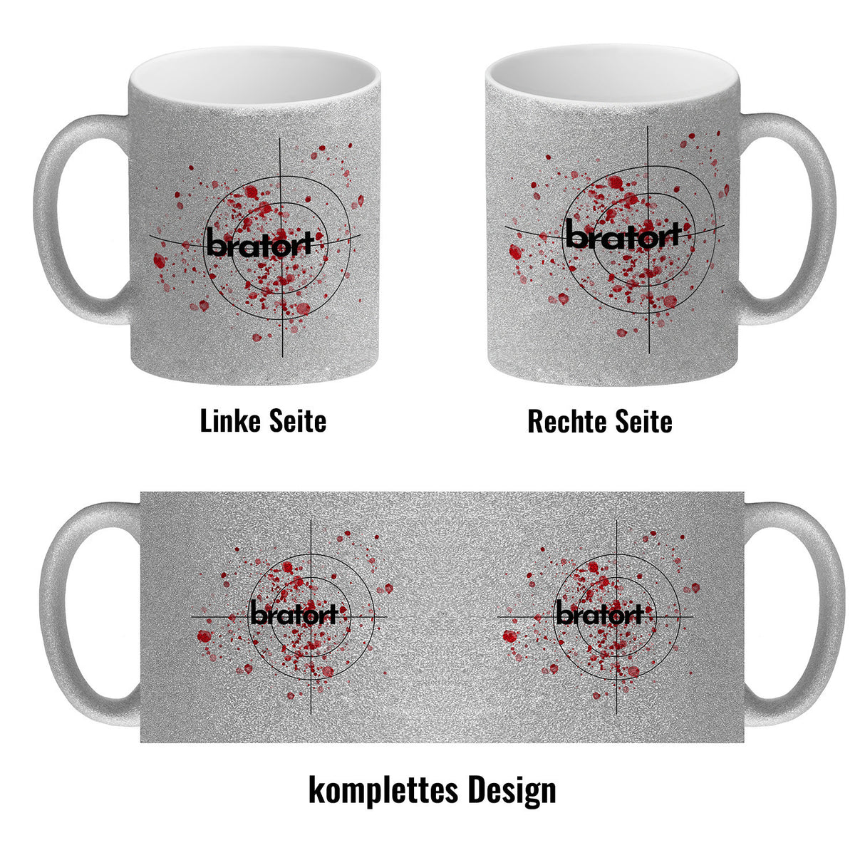 Bratort Kaffeebecher mit Blutspritzern und Fadenkreuz
