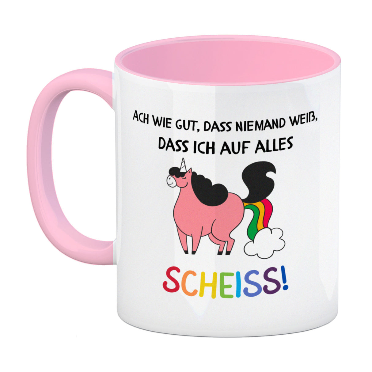 Einhorn Kaffeebecher mit Spruch Ach wie gut, dass niemand weiß