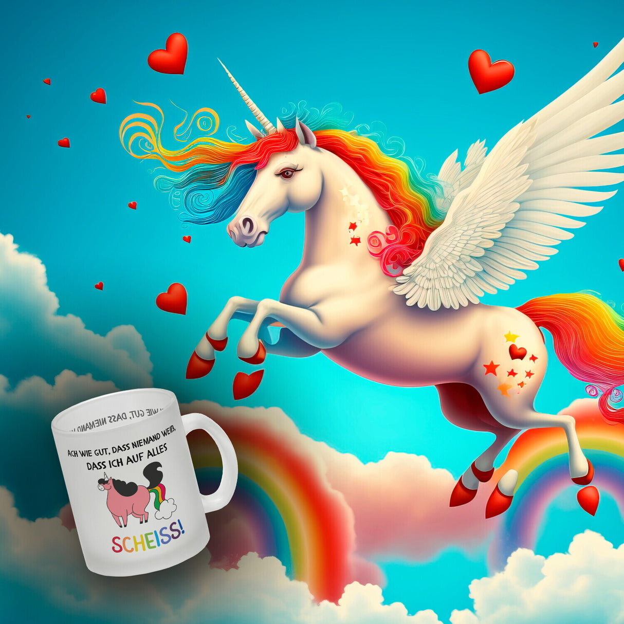 Einhorn Kaffeebecher mit Spruch Ach wie gut, dass niemand weiß