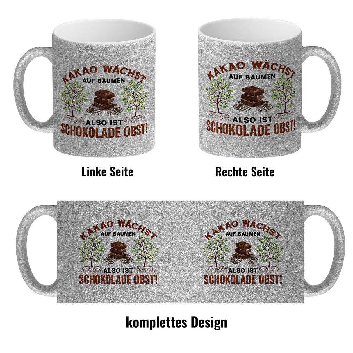 Kakao Kaffeebecher mit Spruch Schokolade ist Obst