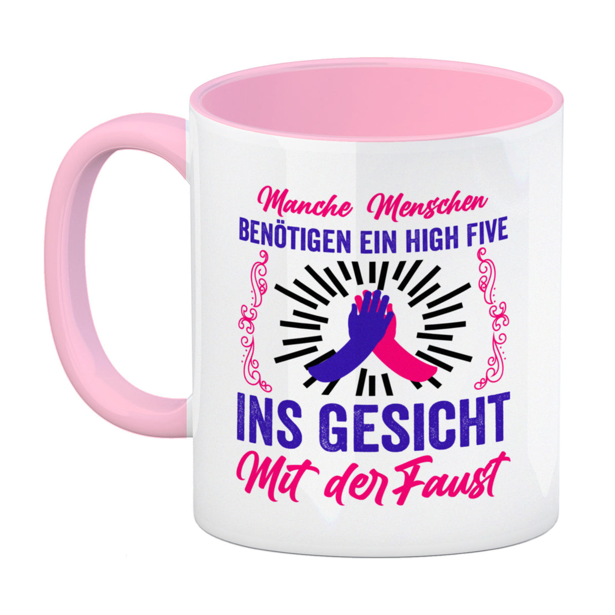 High Five Kaffeebecher mit Spruch: High Five ins Gesicht mit der Faust
